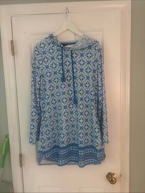 Hooded Blue Tile-Print Swim Coverup Tunic